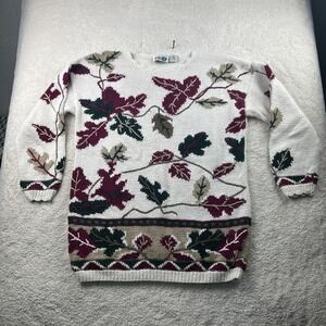 Vintage Grandma Ivory Knit Sweater Leaves Forest Cottagecore Cabincore Sz L‎